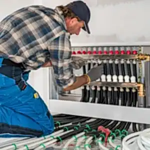 Metal bağlantı parçaları ve borularla karmaşık bir şekilde birbirine bağlanmış çok sayıda vanaya sahip bir yerden ısıtma manifoldunun yakından çekilmiş görüntüsü.