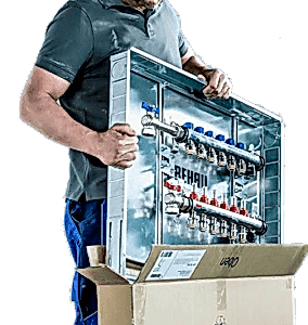 Rehau yerden ısıtma sistemi için sıva altı kollektör dolabı. Dayanıklı UP Tip 4 modelinin ürün görseli, 1210x700 mm.