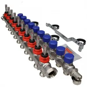 Fraenkische 2 Ağızlı Debi Göstergeli Çelik Kollektör – Yerden ısıtma sistemleri için dayanıklı ve hassas debi kontrollü kolektör.