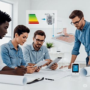 "Deha Enerji'nin profesyonel ekibi, modern bir ofis ortamında, yerden ısıtma sistemlerinin enerji verimli tasarımını ve akıllı çözümlerini tartışırken görülüyor. Mühendisler, tabletler ve planlar üzerinde çalışarak inovasyon ve uzmanlıklarını sergiliyor."